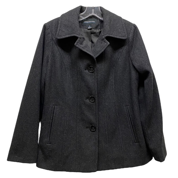 LONDON FOG 3-Button Wool Blend Lined Pea Coat Charcoal Gray Petite Large - Picture 1 of 7